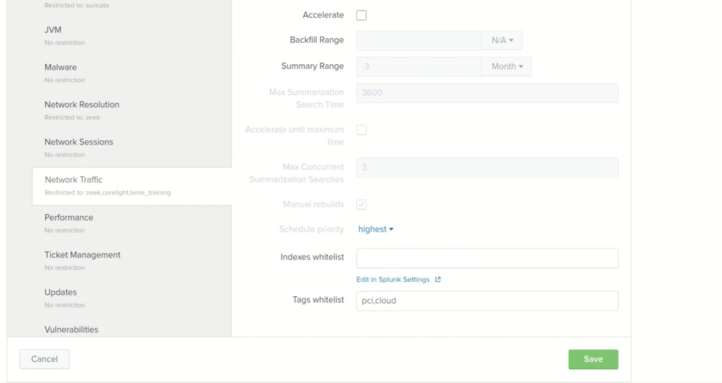 splunk cim network traffic whitelist index