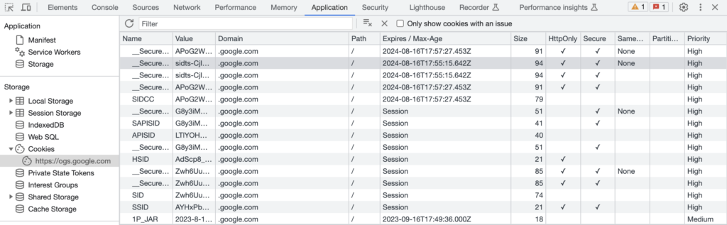 Google Chrome developer tools cookies